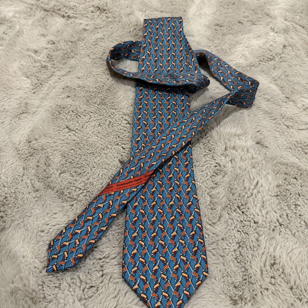 Ermenegildo Zegna Made in Italy Silk Tie Blue with Polo Mallet Pattern Designer‎